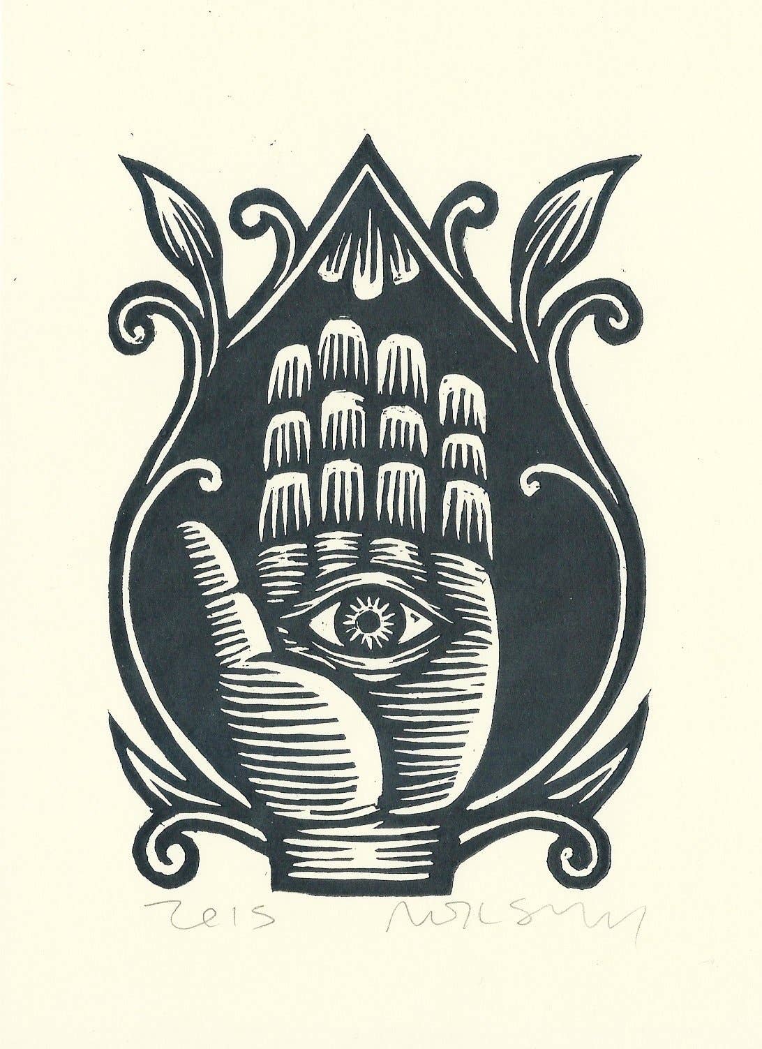 Hamsa Linocut Art Print - Spiral Circle