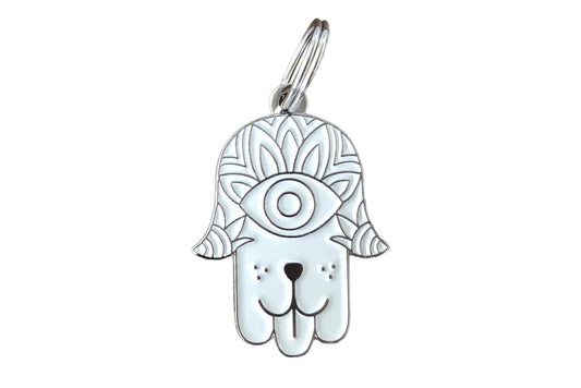 Hamsa Pet ID Tag | White & Silver - Spiral Circle
