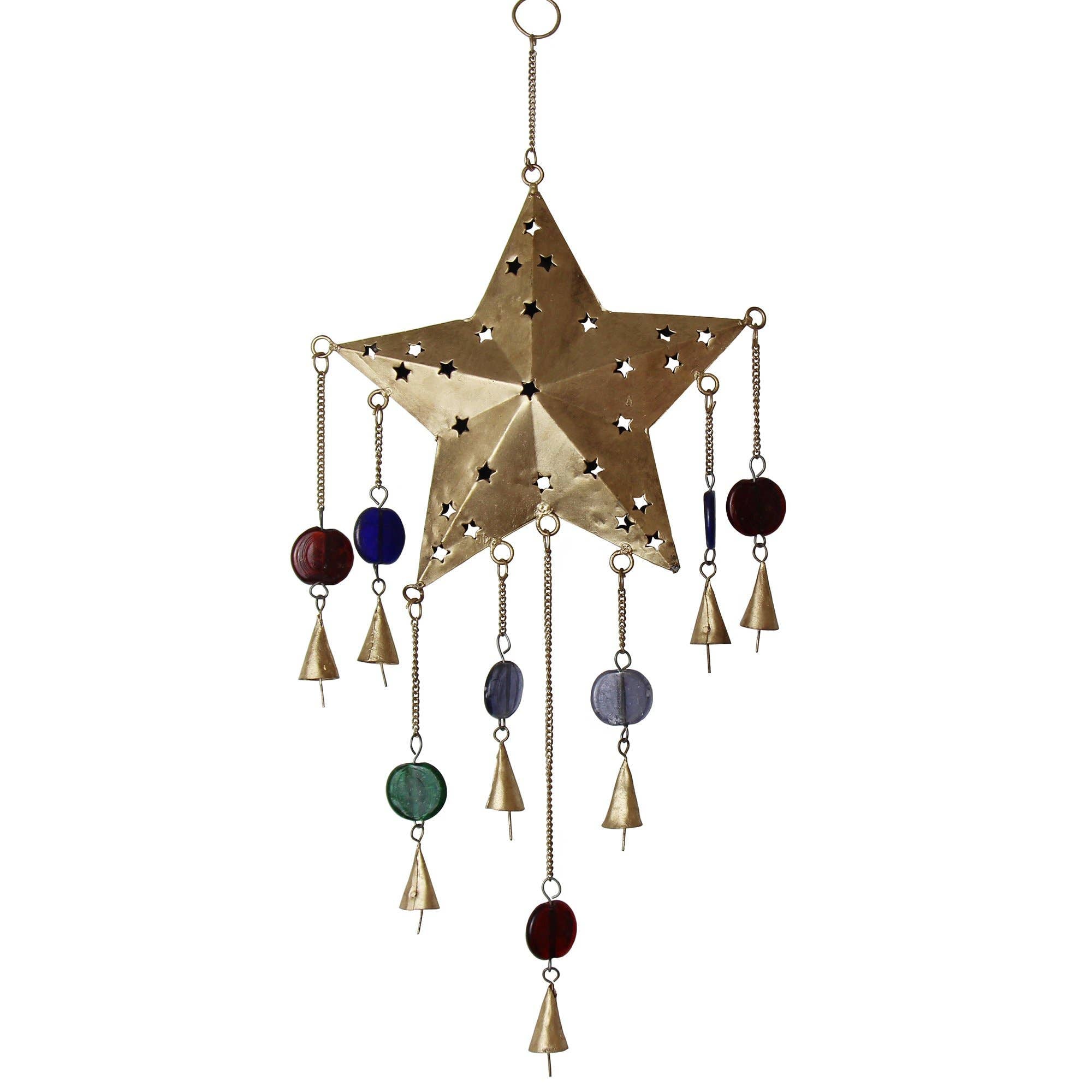 Handcrafted Ornate Star Chime, Recycled Iron and Glass Beads - Spiral Circle