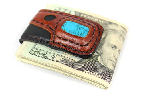 Handmade Leather Money Clip With Stone Accent - Spiral Circle