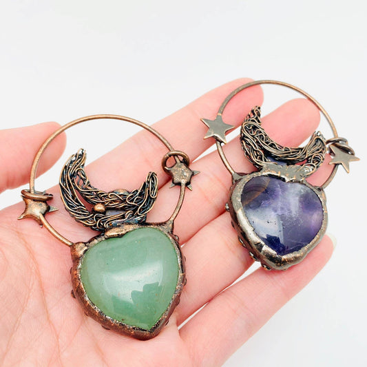 Heart Shaped Natural Stone Sun Moon Star Handicraft Pendant - Spiral Circle