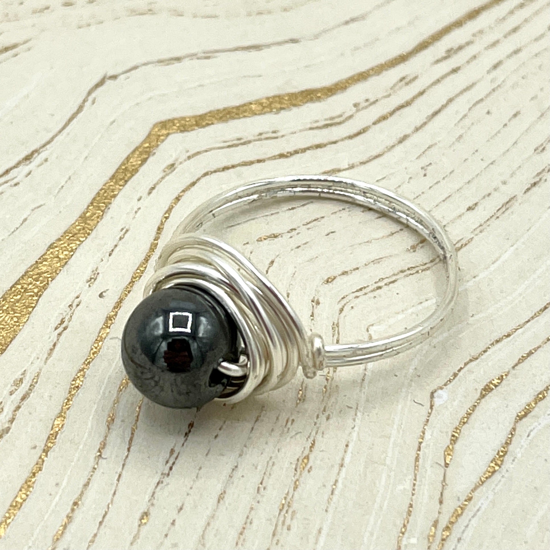 Hematite Simple Gemstone Ring | Sterling Silver - Spiral Circle