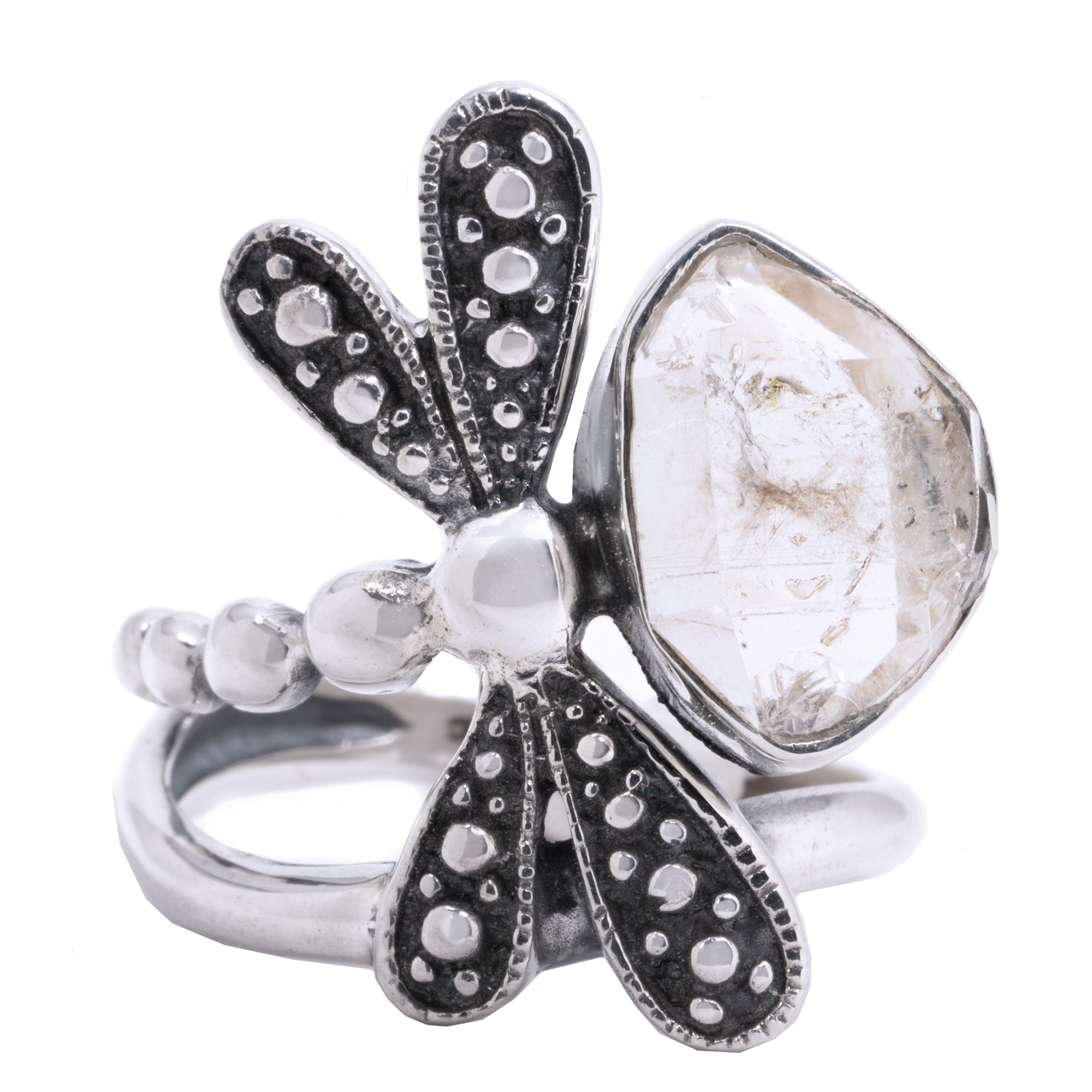 Herkimer Diamond Dragonfly Ring | Sterling Silver - Spiral Circle