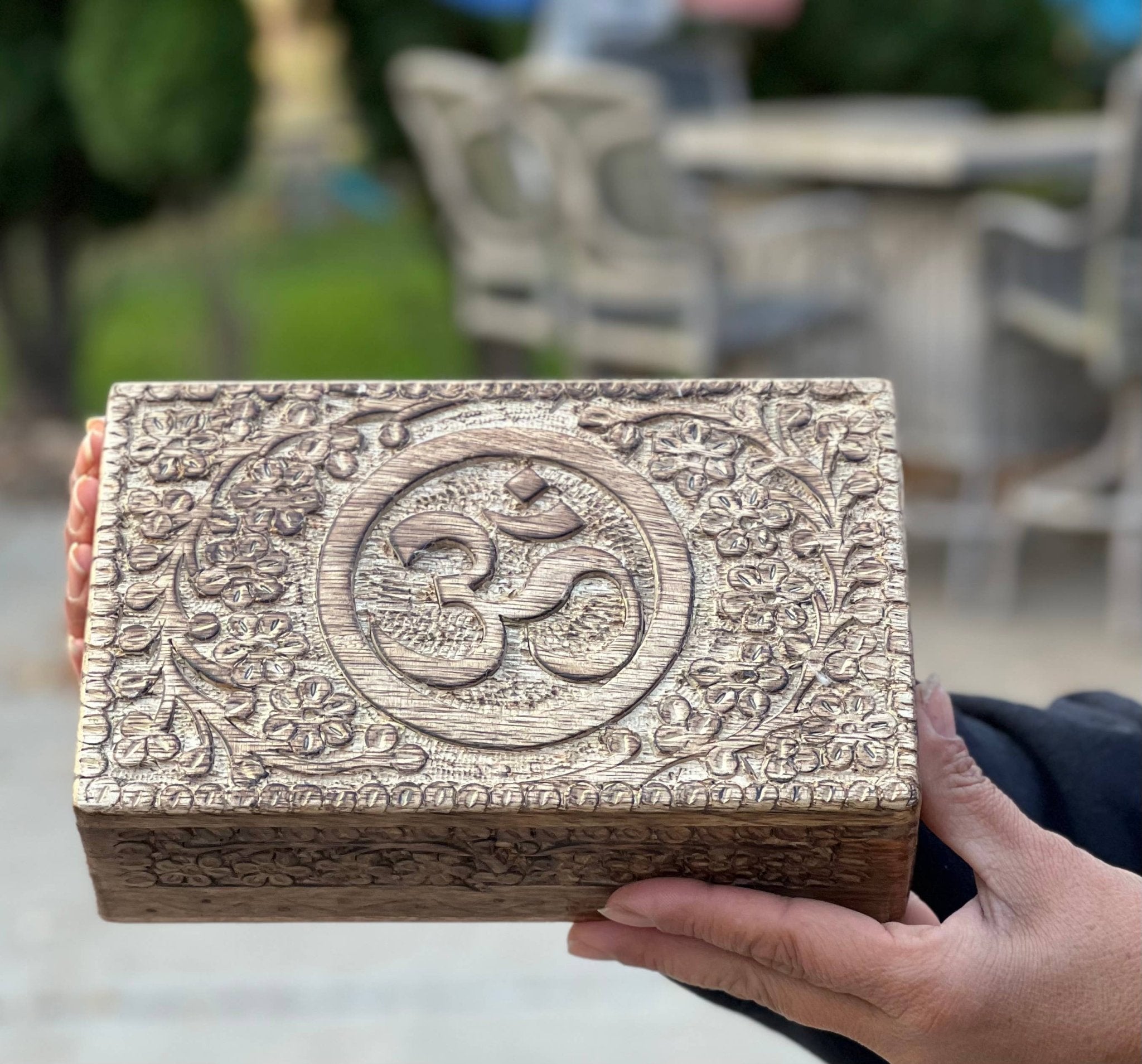 Hindu OM Hand Carved Wooden Box Storage Keepsake - Spiral Circle