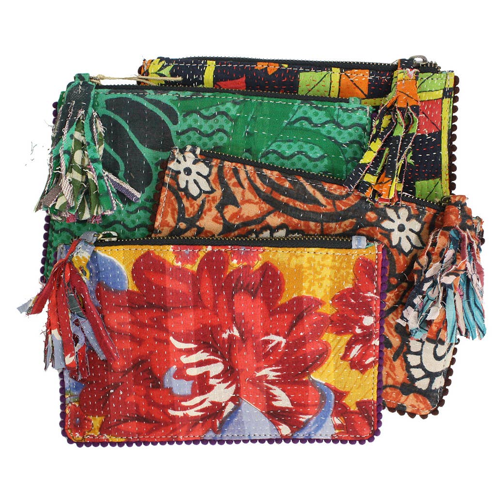 Kantha Tasseled Zip Pouch - Spiral Circle