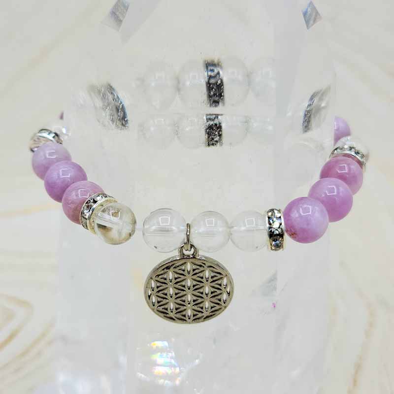 Kunzite & Clear Quartz Flower Of Life Bracelet | 8mm - Spiral Circle