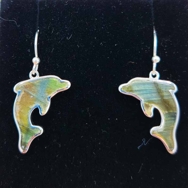 Labradorite Dolphin Dangly Earrings | Sterling Silver - Spiral Circle
