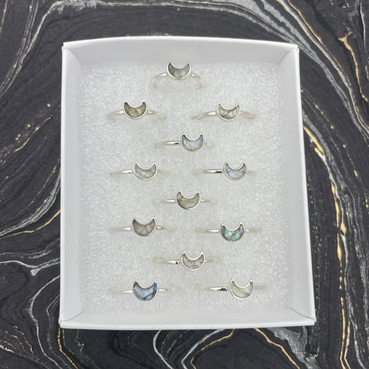 Labradorite Polished Moon Ring | Sterling Silver - Spiral Circle