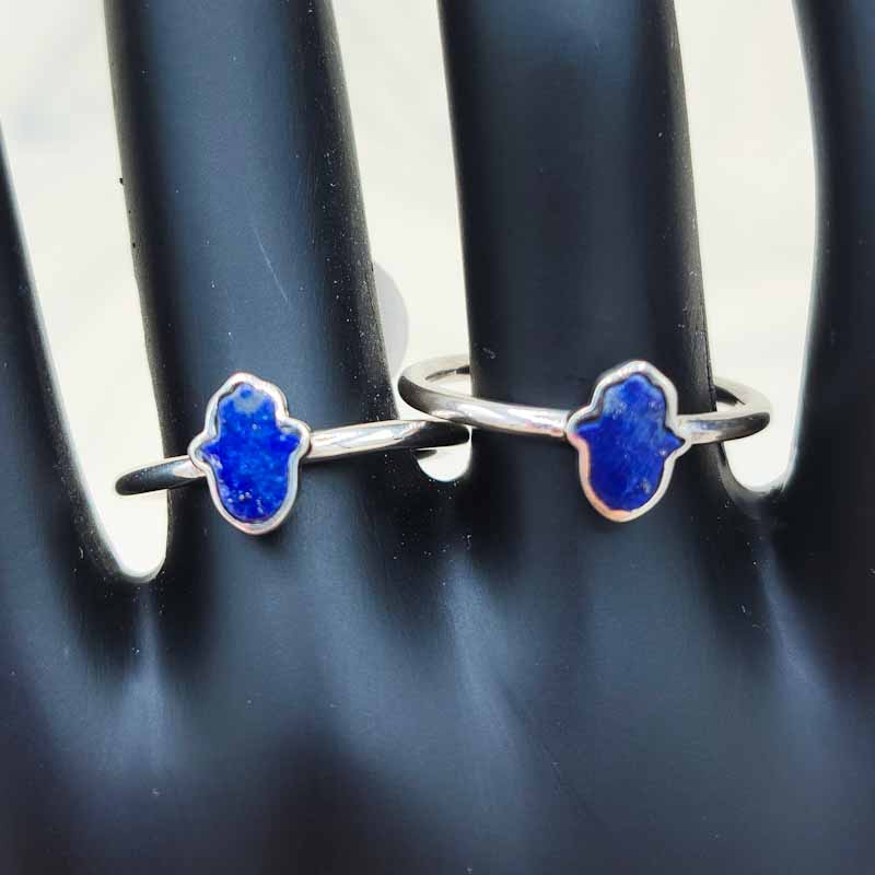 Lapis Lazuli Hamsa Hand Ring | Sterling Silver - Spiral Circle