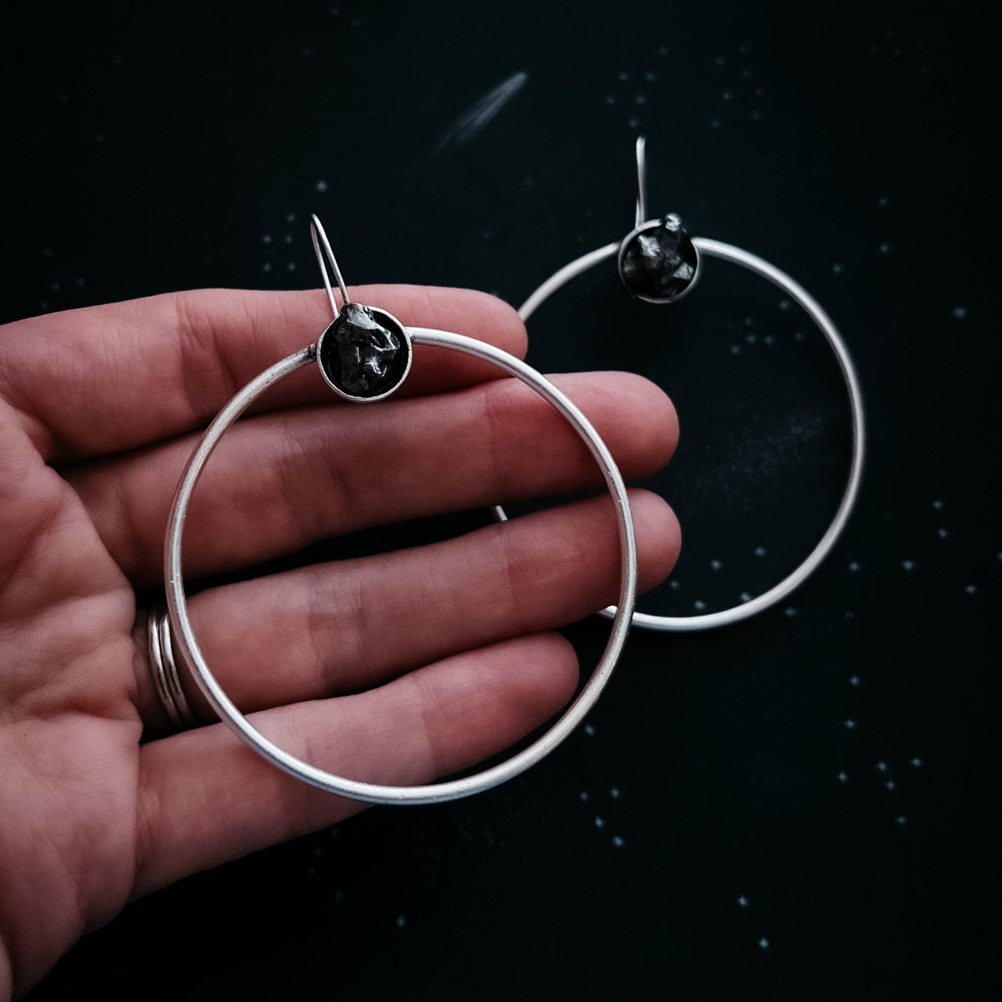Large Authentic Meteorite Hoop Earrings - Spiral Circle
