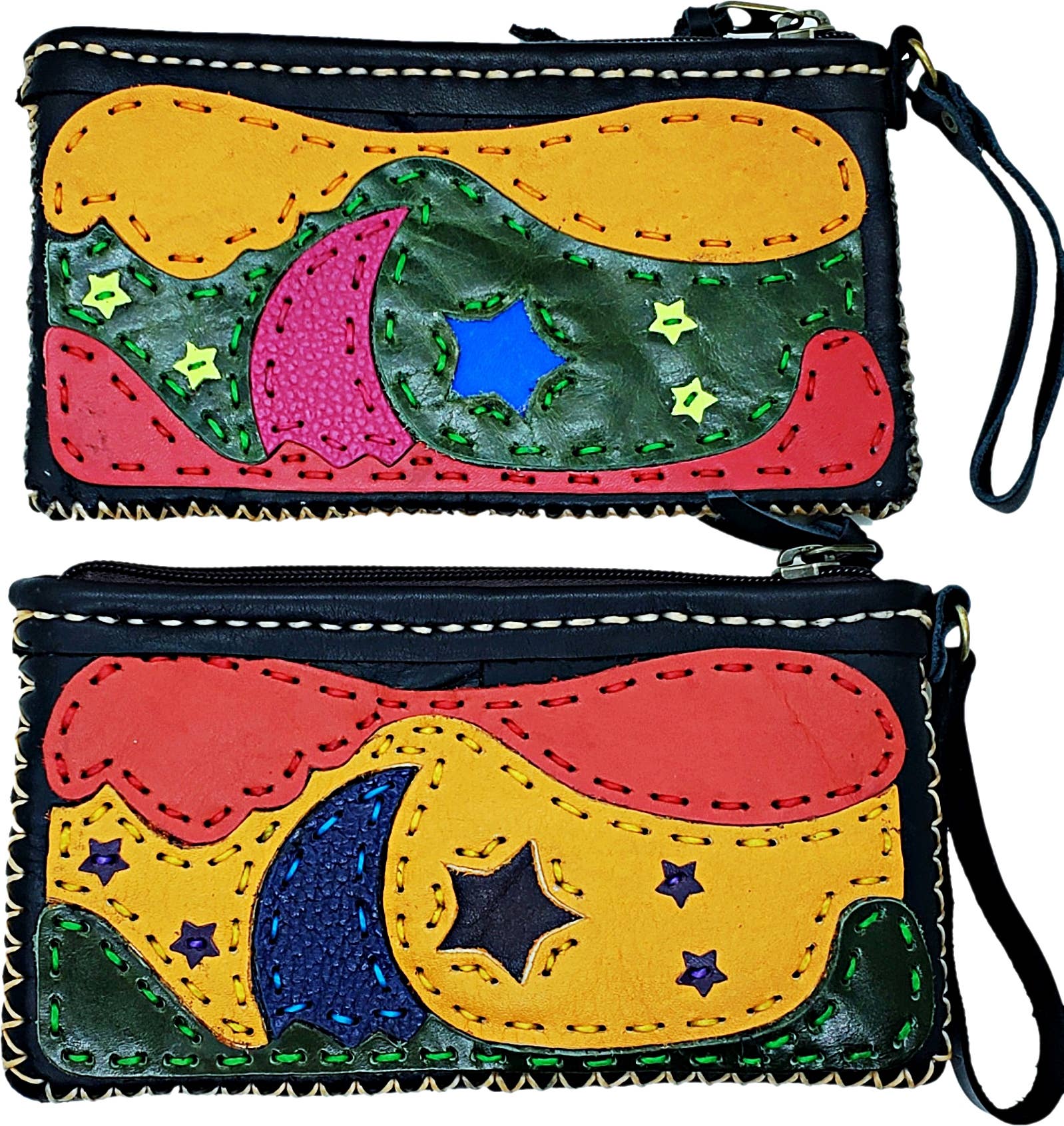 Leather Collage Art Clutch/ Wallet - Moon & Star - Spiral Circle