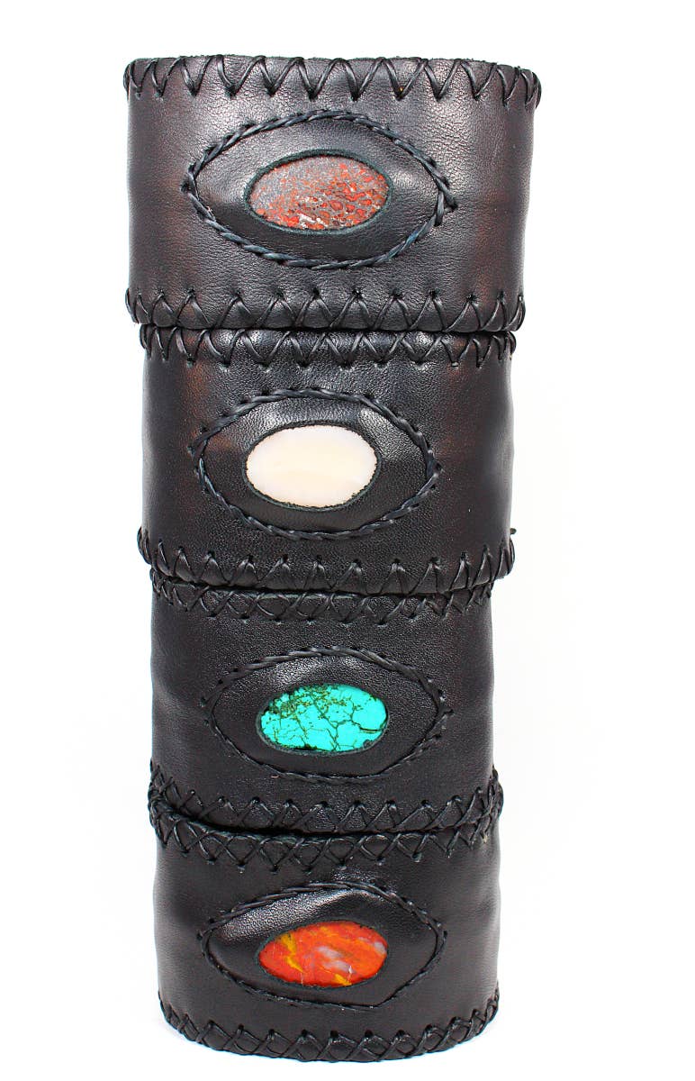 Leather Wallet Bracelets/ Cuffs With Gemstone - Spiral Circle