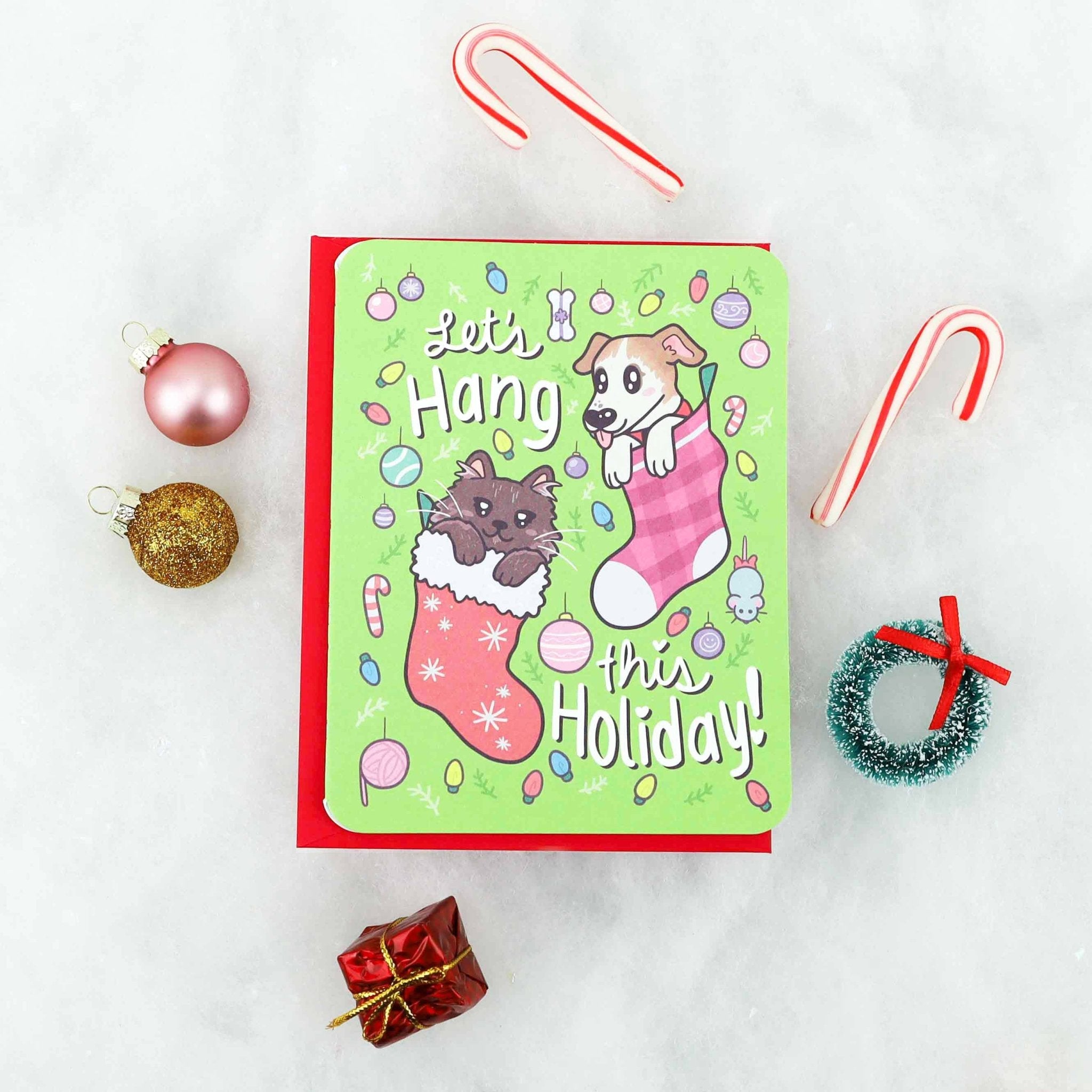 Let's Hang This Holiday Kitty and Puppy Christmas Card - Spiral Circle
