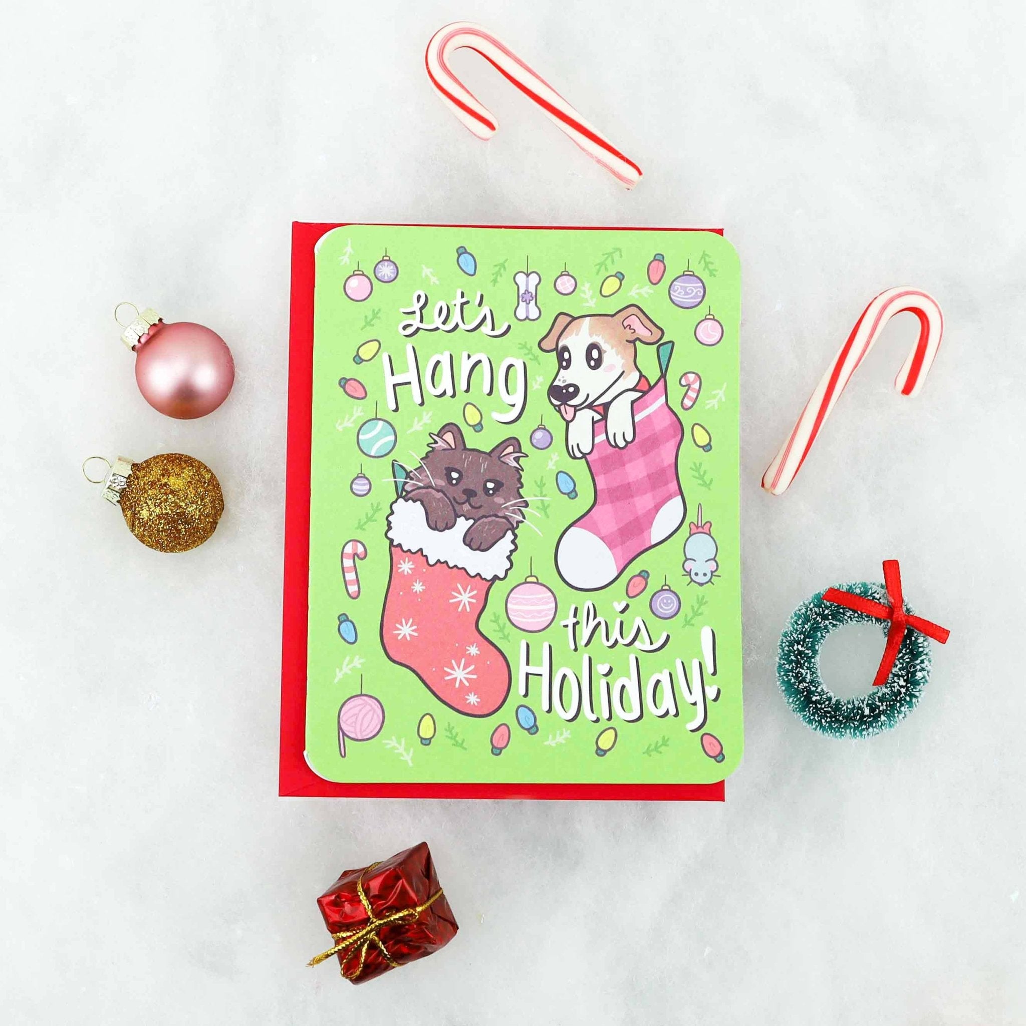 Let's Hang This Holiday Kitty and Puppy Christmas Card - Spiral Circle