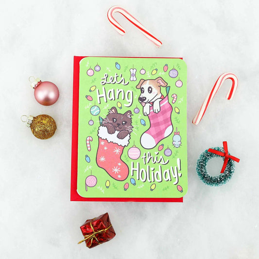 Let's Hang This Holiday Kitty and Puppy Christmas Card - Spiral Circle