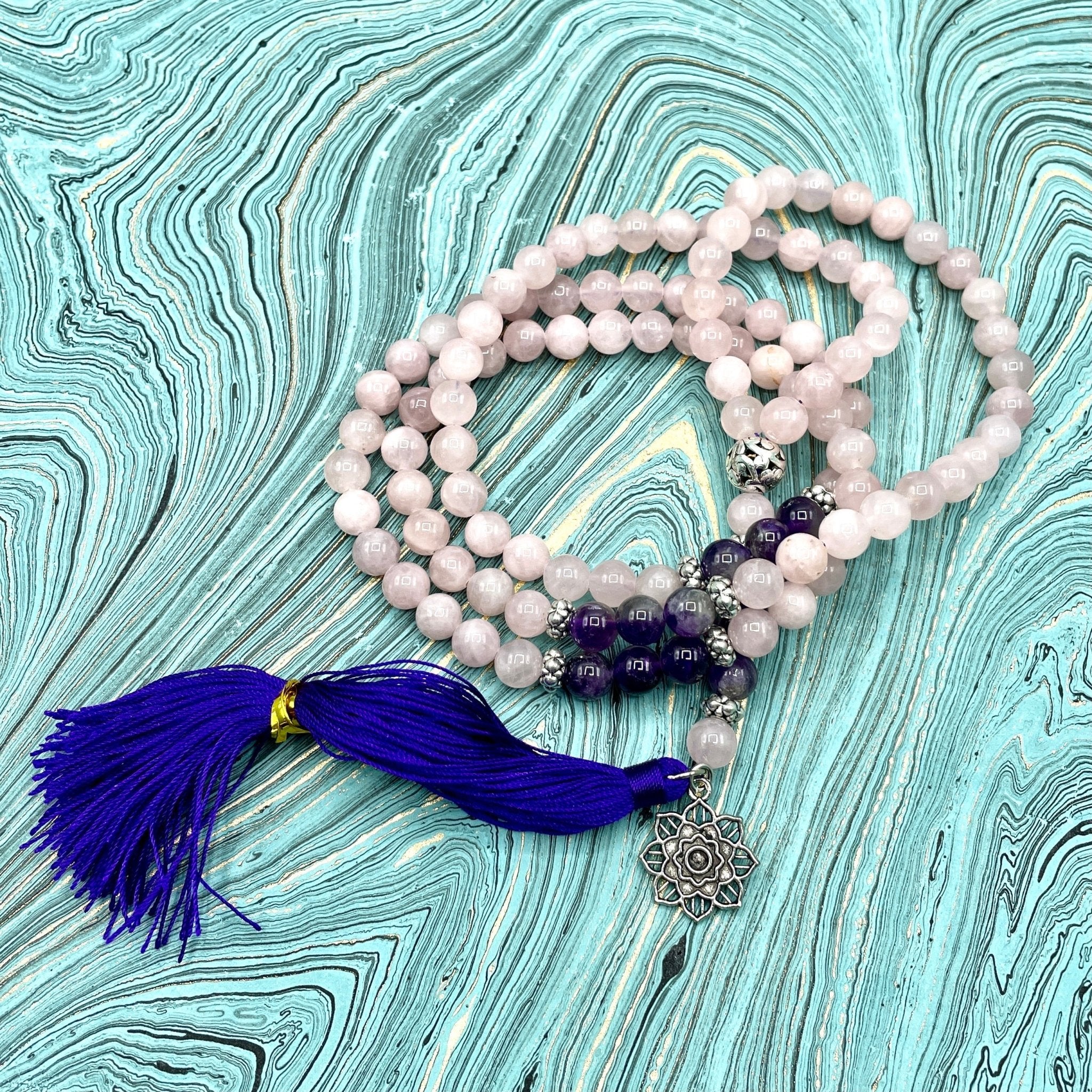 Mala Prayer Beads | Rose Quartz with Amethyst | O - Spiral Circle