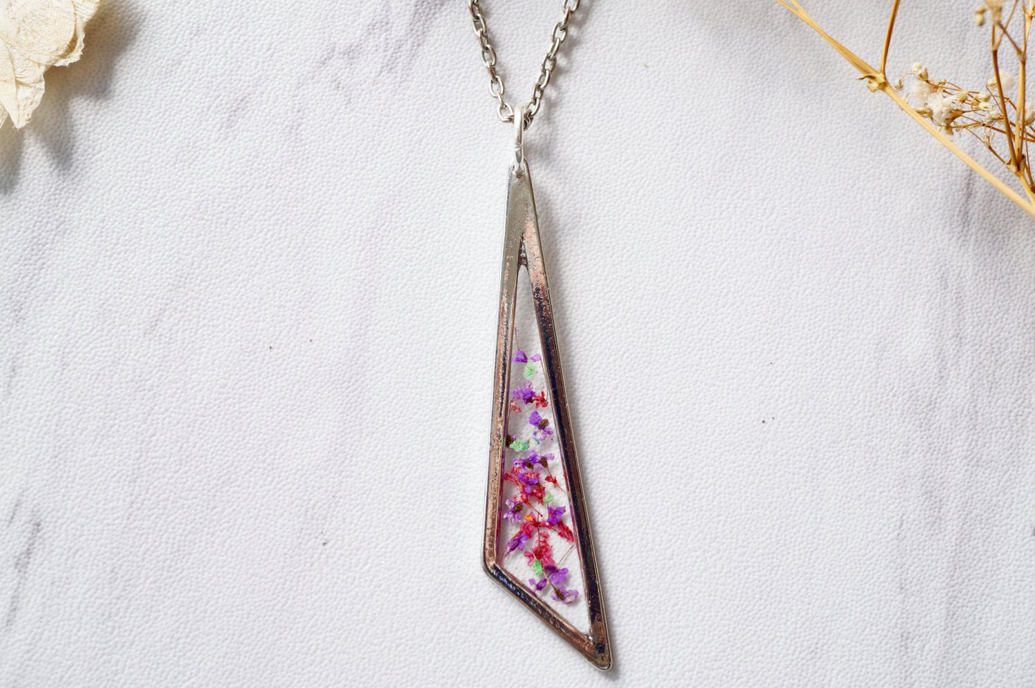 Mint Green, Purples & Pinks Mix Real Pressed Flowers and Resin Necklace - Spiral Circle