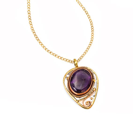 Mixed Metal and Amethyst Stone Necklace - Spiral Circle