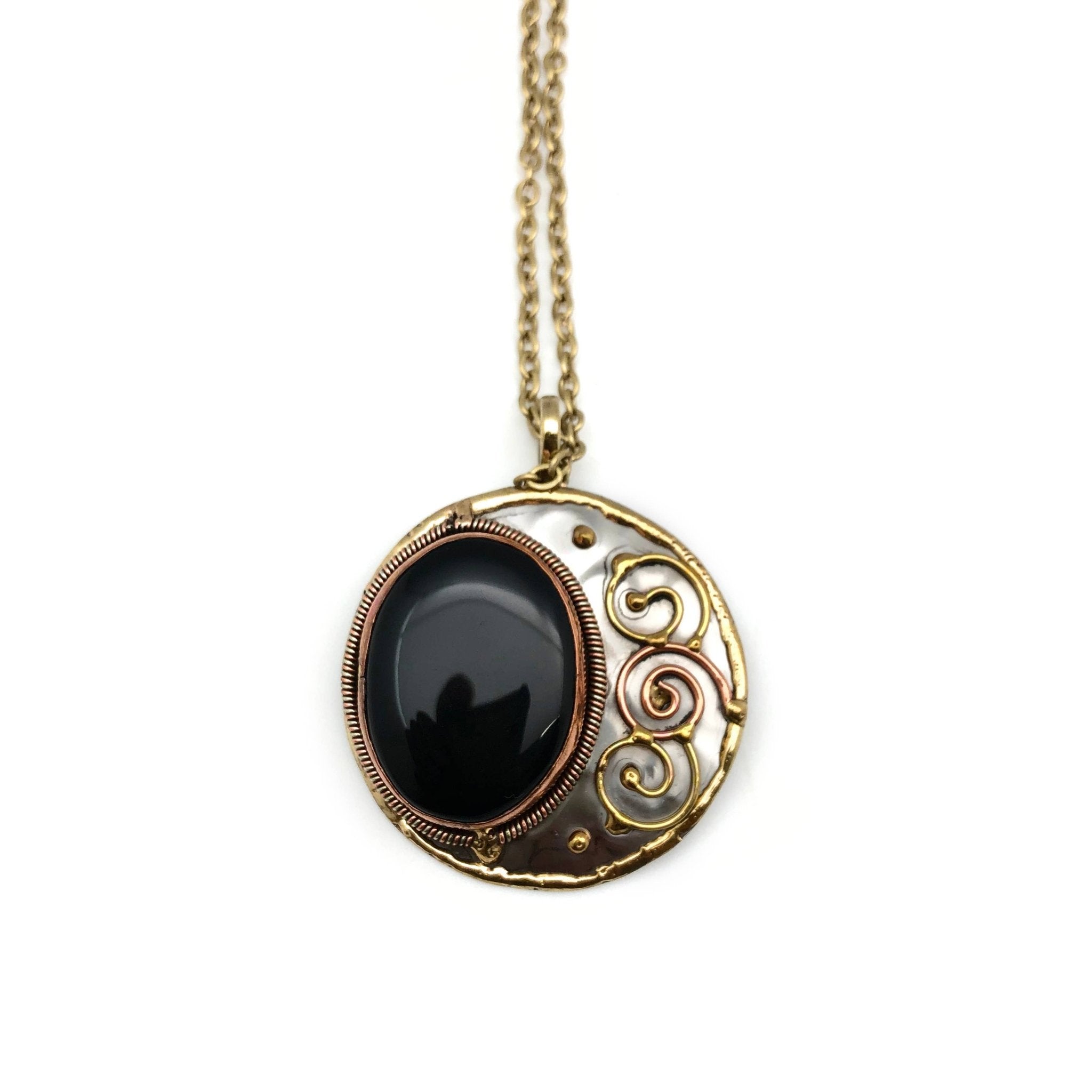 Mixed Metal and Black Onyx Stone Necklace - Spiral Circle