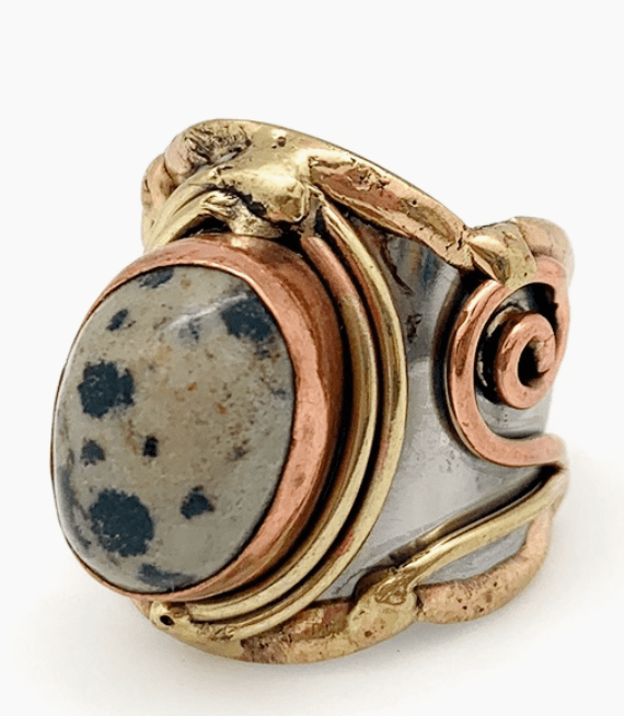 Mixed Metal and Dalmatian Jasper Stone Ring | Adjustable - Spiral Circle