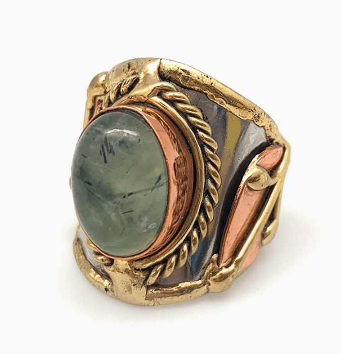 Mixed Metal and Moss Agate Stone Ring | Adjustable - Spiral Circle