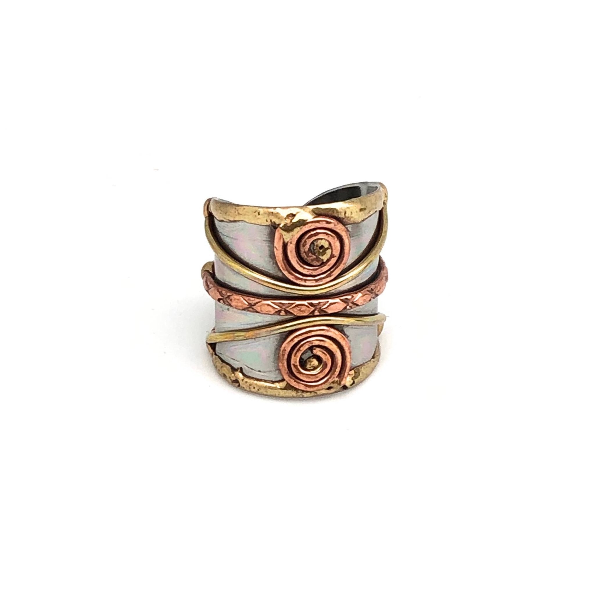 Mixed Metal Cuff Ring | Double Spiral - Spiral Circle