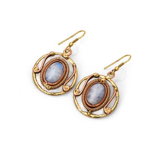 Mixed Metal & Rainbow Moonstone Stone | Earrings - Spiral Circle