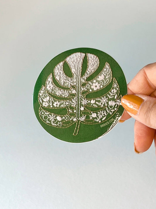 Monstera  3" vinyl circle sticker - Spiral Circle