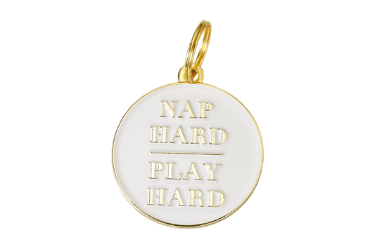 Nap Hard, Play Hard Pet ID Tag - Spiral Circle