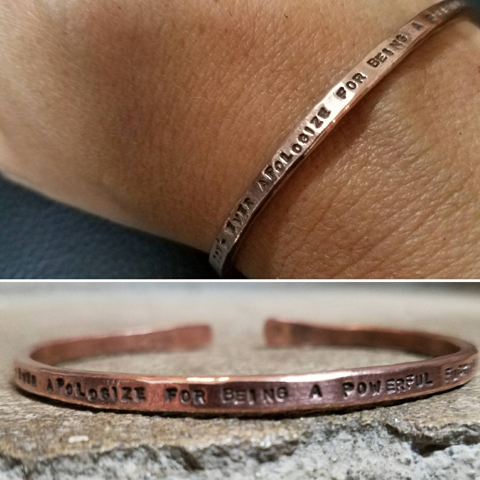 Never Apologize For Being A Powerful Fucking Woman - Copper Or Brass Gold Cuss Cuff. Swearing, Adult, Stackable Bangle Bracelet - Spiral Circle