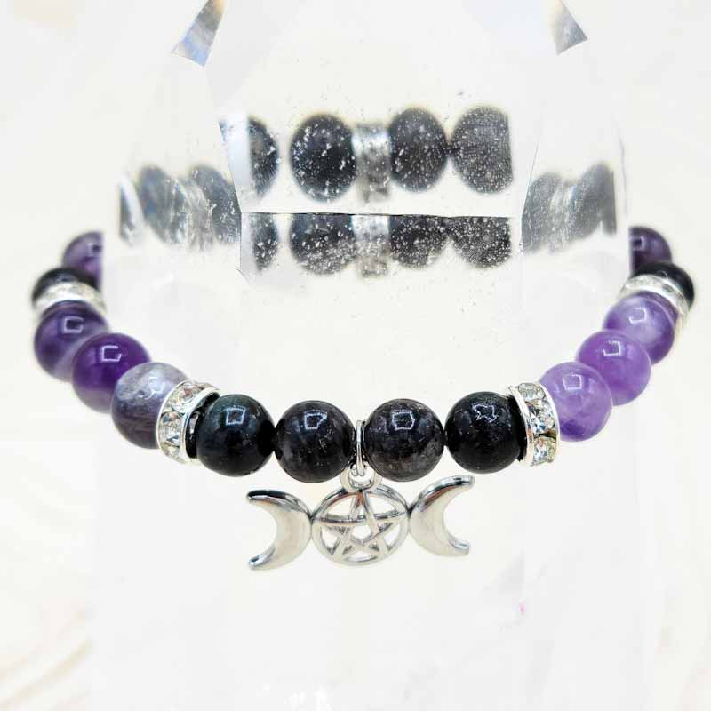 Nuumite & Amethyst With Triple Moon Beaded Bracelet | 8mm - Spiral Circle