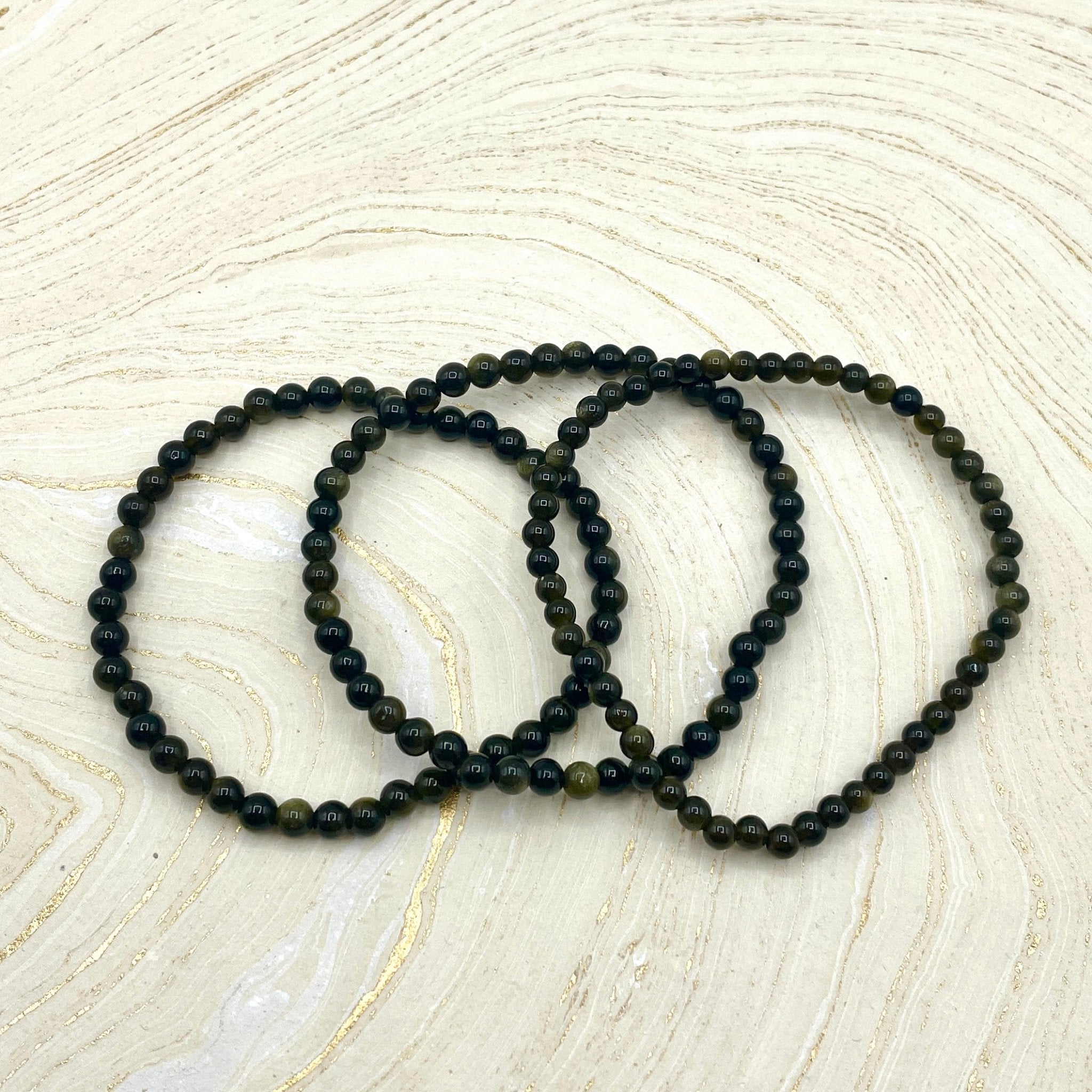 Obsidian, Golden | Personal Power | Stone Beaded Bracelet | 4mm - Spiral Circle