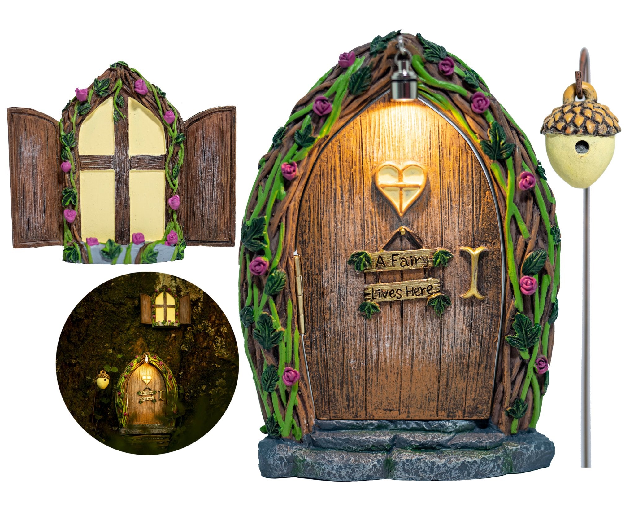 Opening Fairy Door and Window for Trees with Light yard art - Spiral Circle