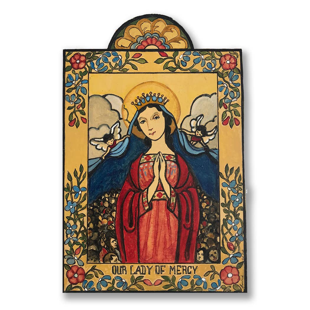 Our Lady of Mercy | Wooden Pocket Plaque - Spiral Circle