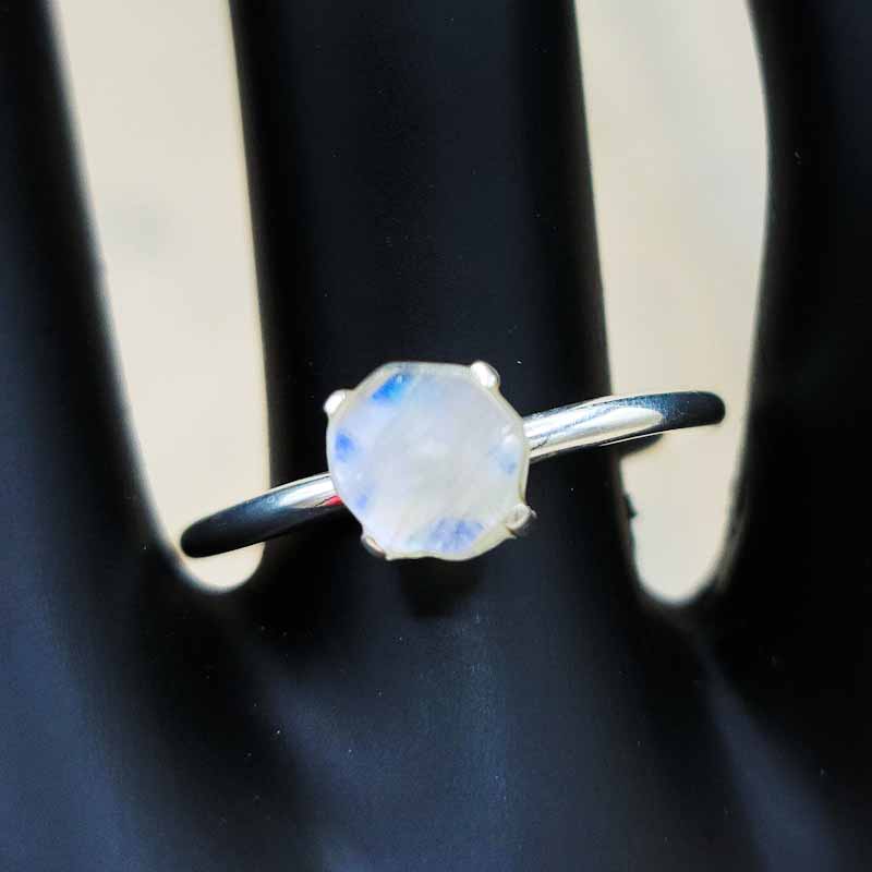 Polished Rainbow Moonstone Simple Ring | Sterling Silver - Spiral Circle
