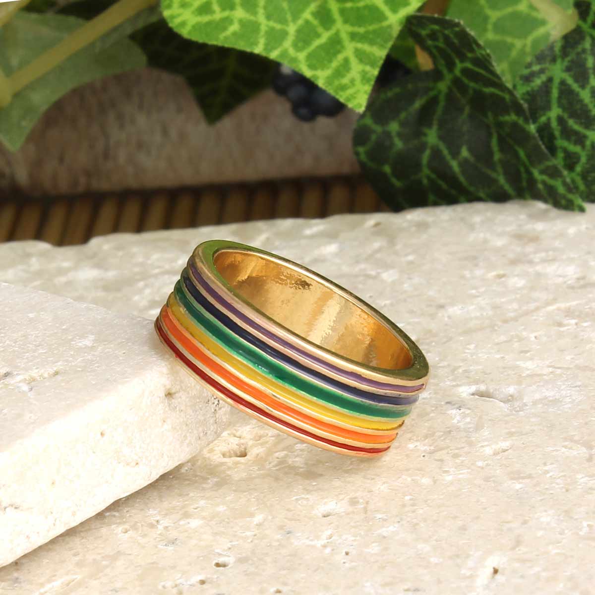 Rainbow Enamel Gold Ring - Spiral Circle