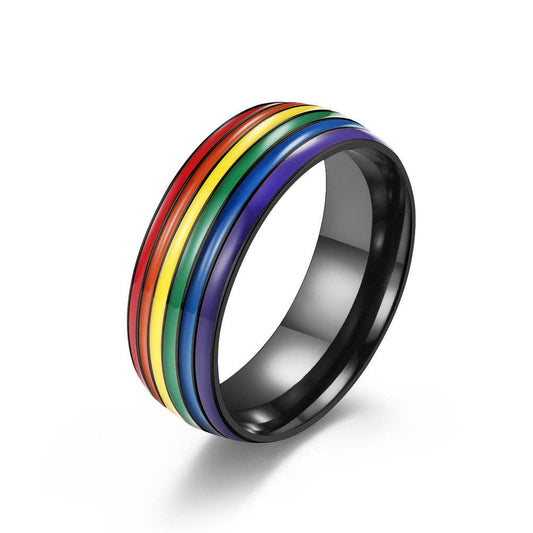 Rainbow Striped Stainless Steel Ring - Spiral Circle