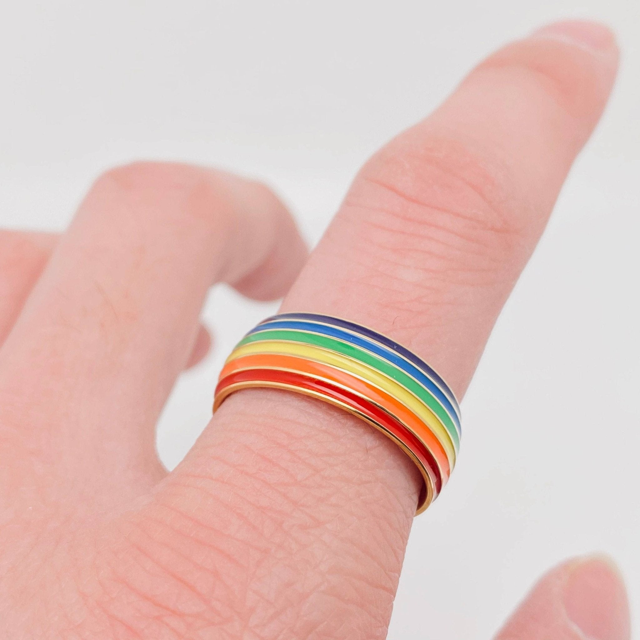 Rainbow Striped Stainless Steel Ring - Spiral Circle