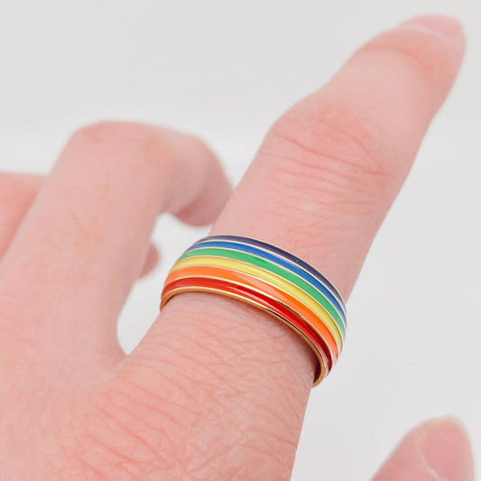 Rainbow Striped Stainless Steel Ring - Spiral Circle