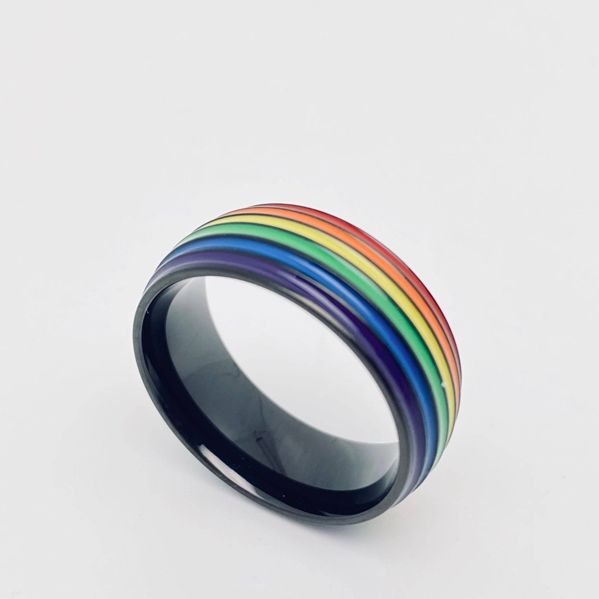 Rainbow Striped Stainless Steel Ring - Spiral Circle