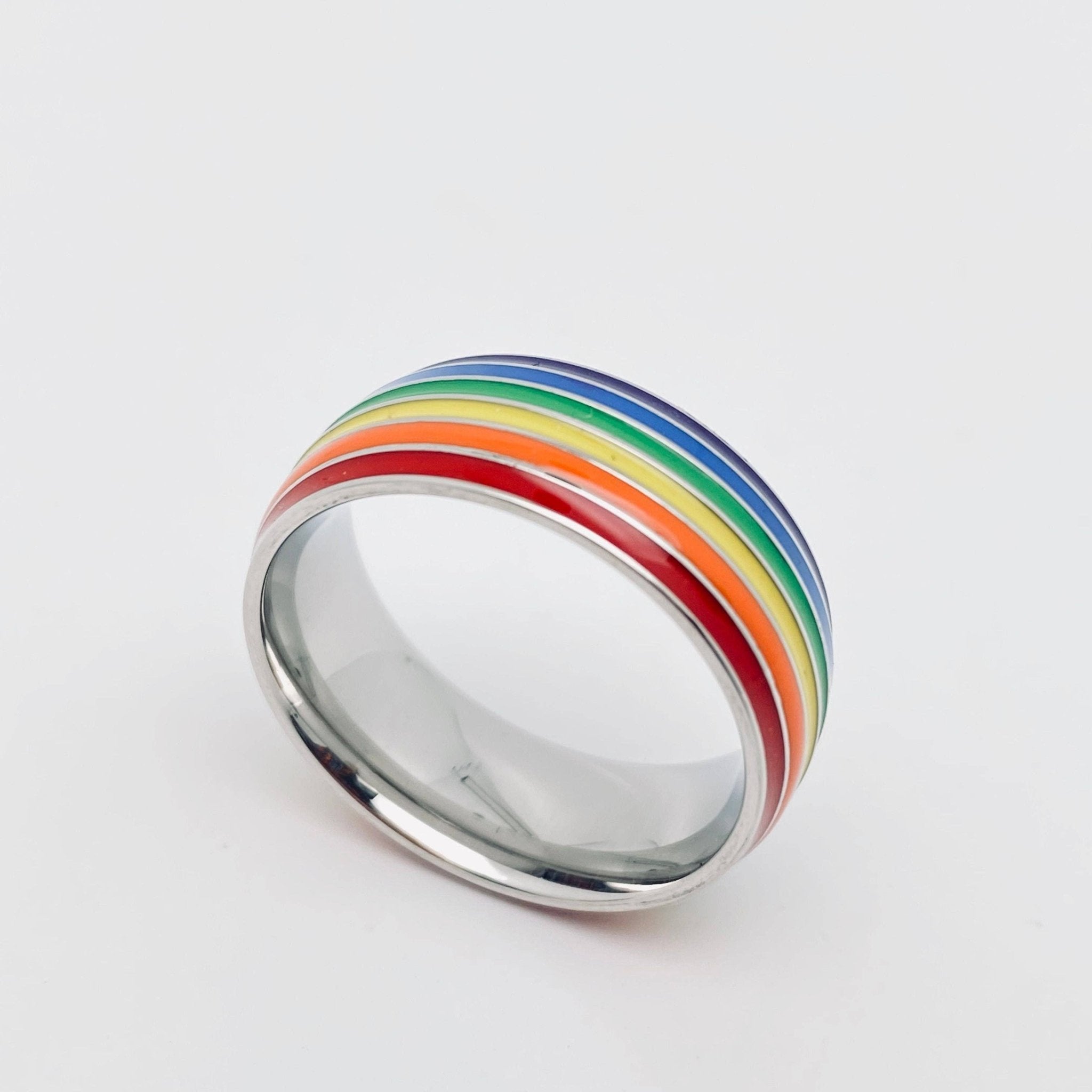 Rainbow Striped Stainless Steel Ring - Spiral Circle