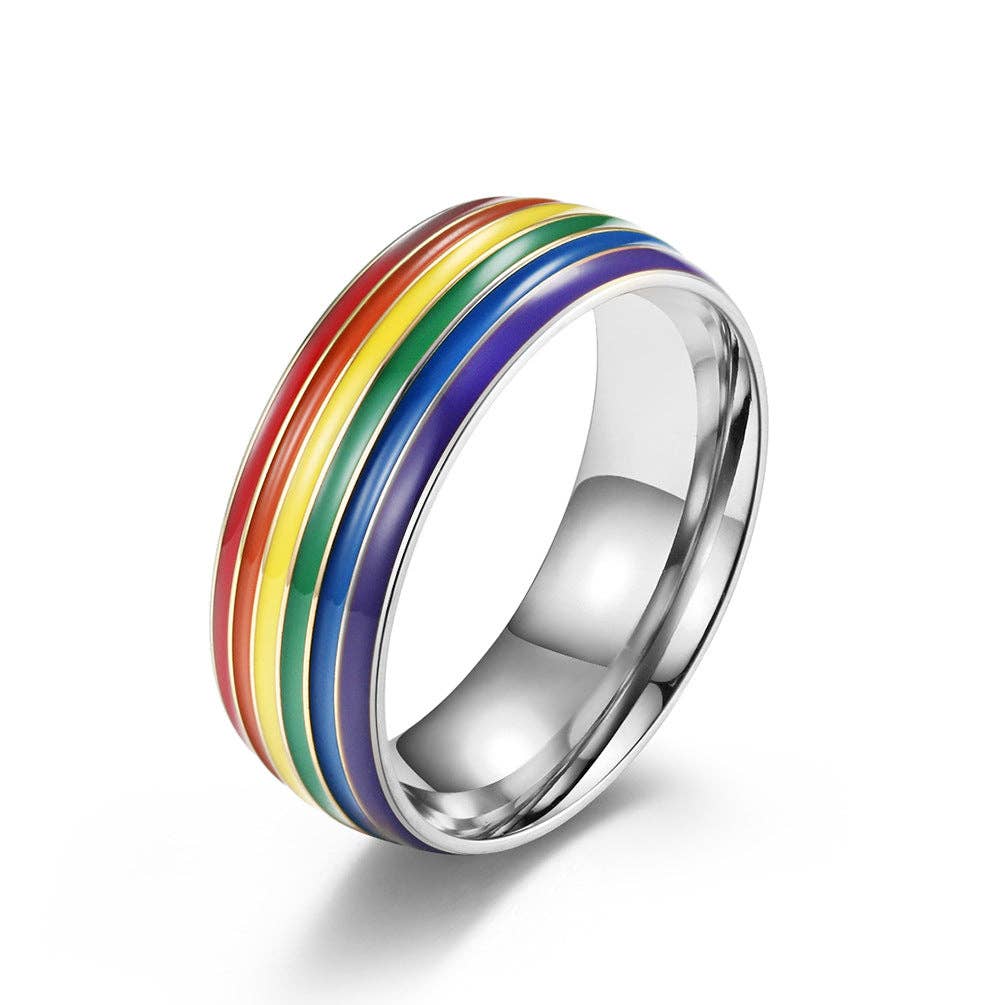 Rainbow Striped Stainless Steel Ring - Spiral Circle