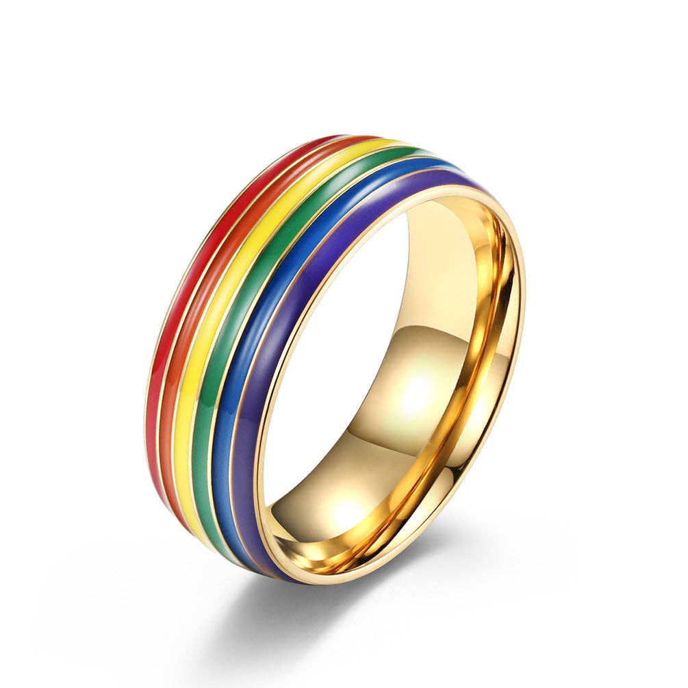 Rainbow Striped Stainless Steel Ring - Spiral Circle