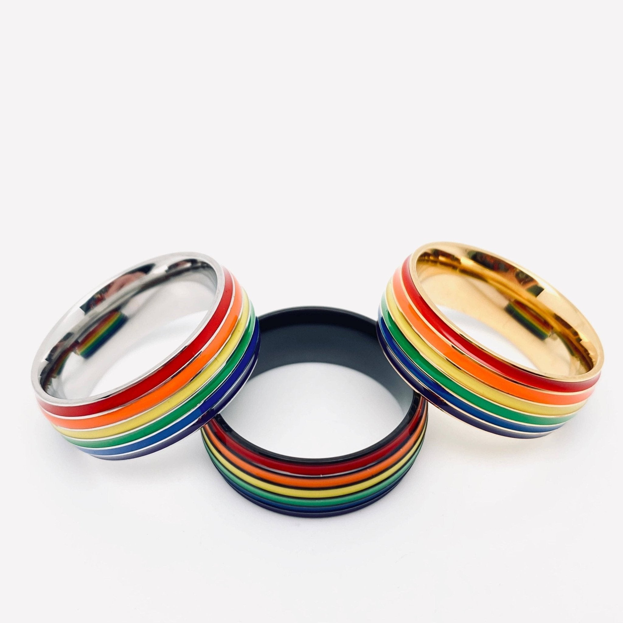 Rainbow Striped Stainless Steel Ring - Spiral Circle