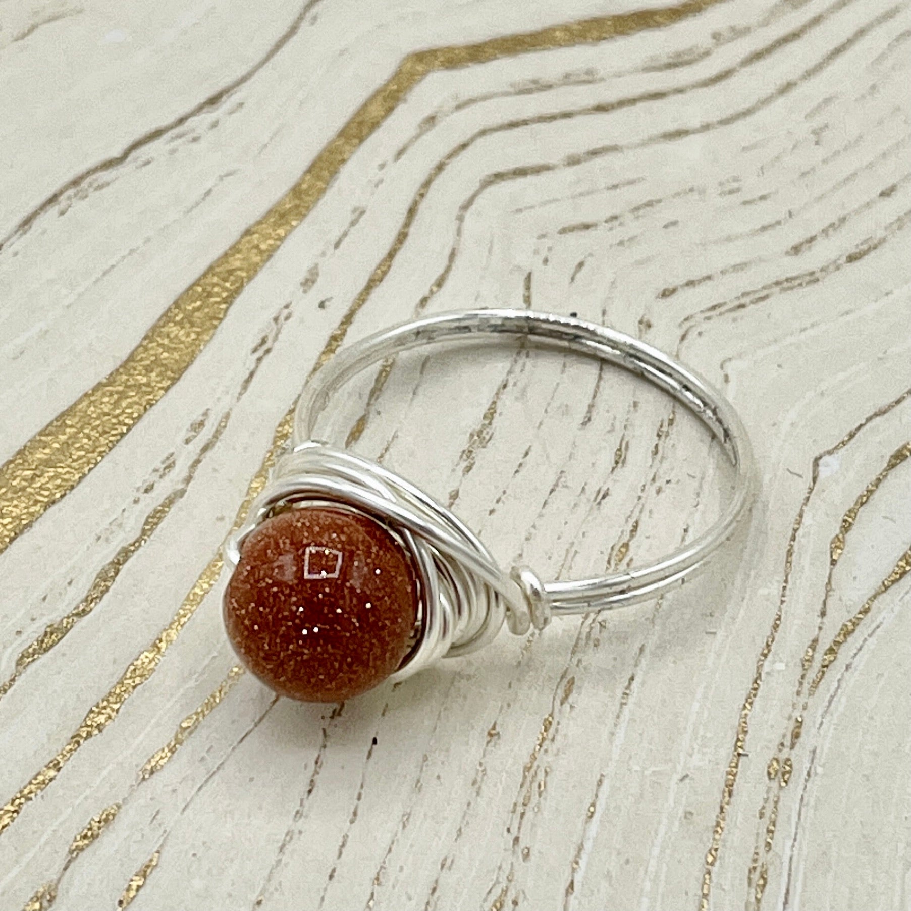 Red Goldstone Simple Gemstone Ring | Sterling Silver - Spiral Circle