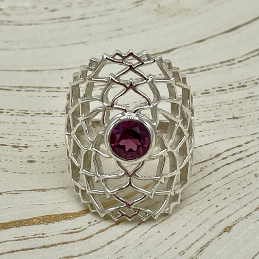 Rhodolite & Garnet Flower of Life Ring | Sterling Silver - Spiral Circle