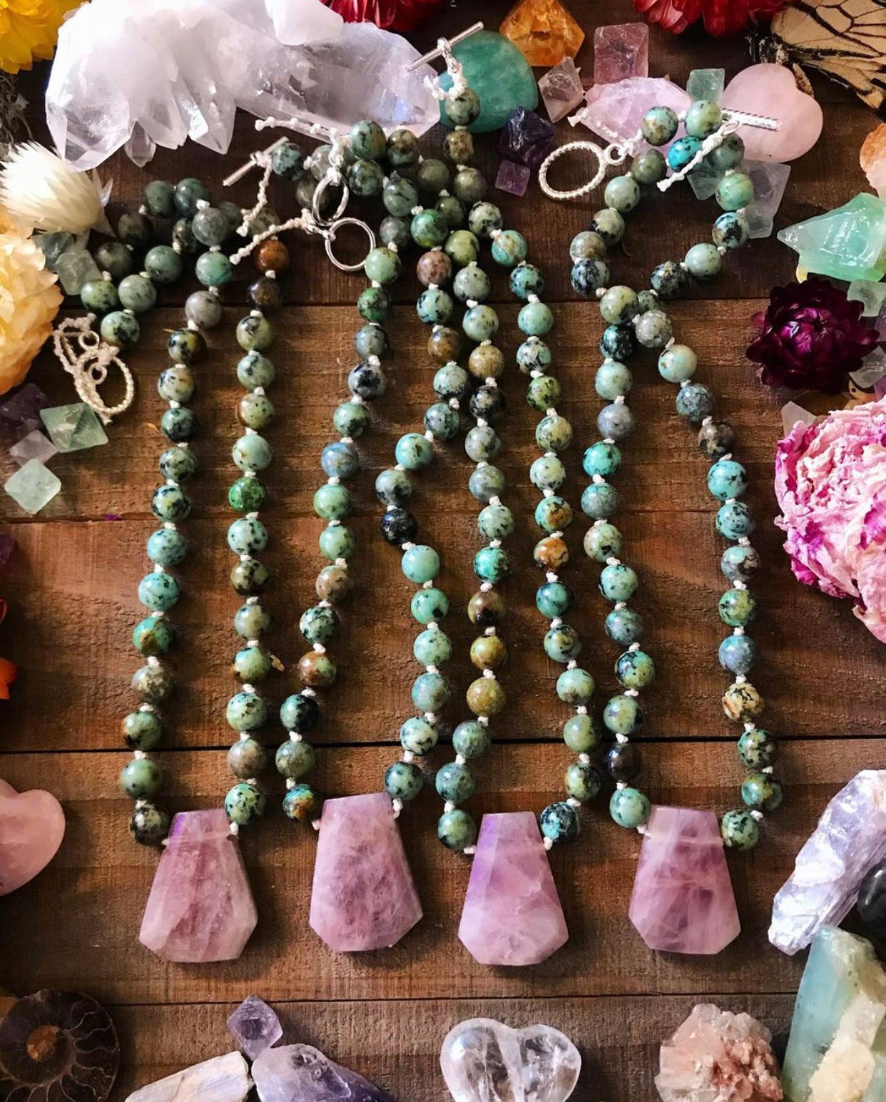 Rose quartz & african turquoise hand knotted necklace - Spiral Circle