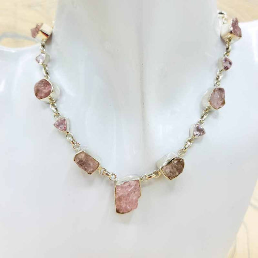 Rose Quartz Raw & Polished Empress Necklace | Sterling Silver - Spiral Circle