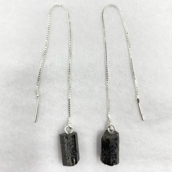 Rough Black Tourmaline Thread Earrings | Sterling Silver - Spiral Circle