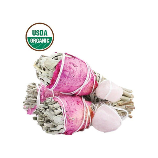 Sage Torch Smudge with Rose Petals and Rose Quartz - Spiral Circle
